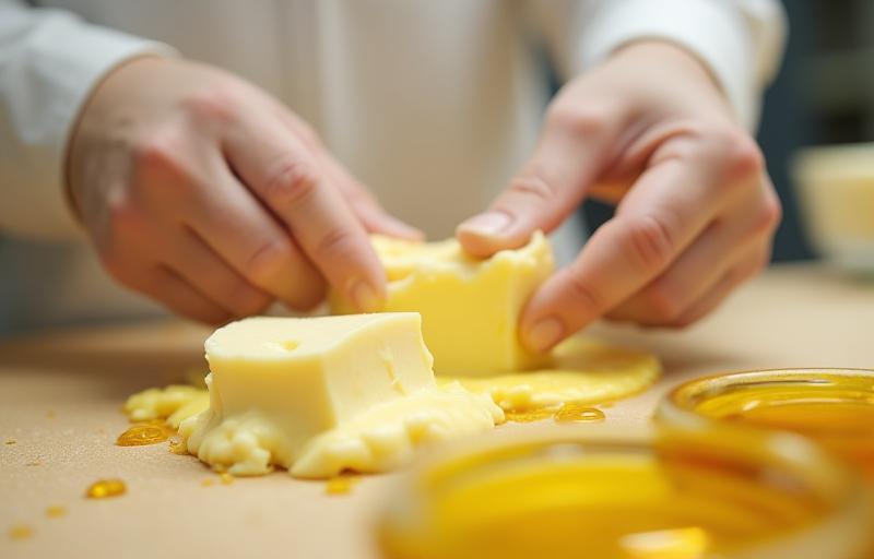 Skilled hands working with natural ingredients like shea butter and oils in a clean, well-lit workshop