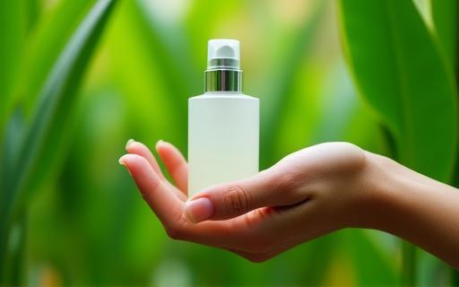 A person holding a natural cosmetic product bottle gently while surrounded by green plants and natural light outdoors