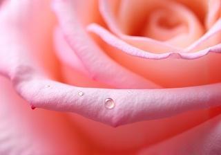 A macro shot of soft pink rose petals with tiny oil drops on them