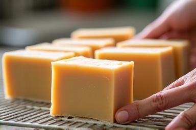 Image depicting finished soap bars being inspected visually on a drying rack during quality checks