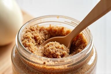 An open jar of natural body scrub showing its texture and ingredients